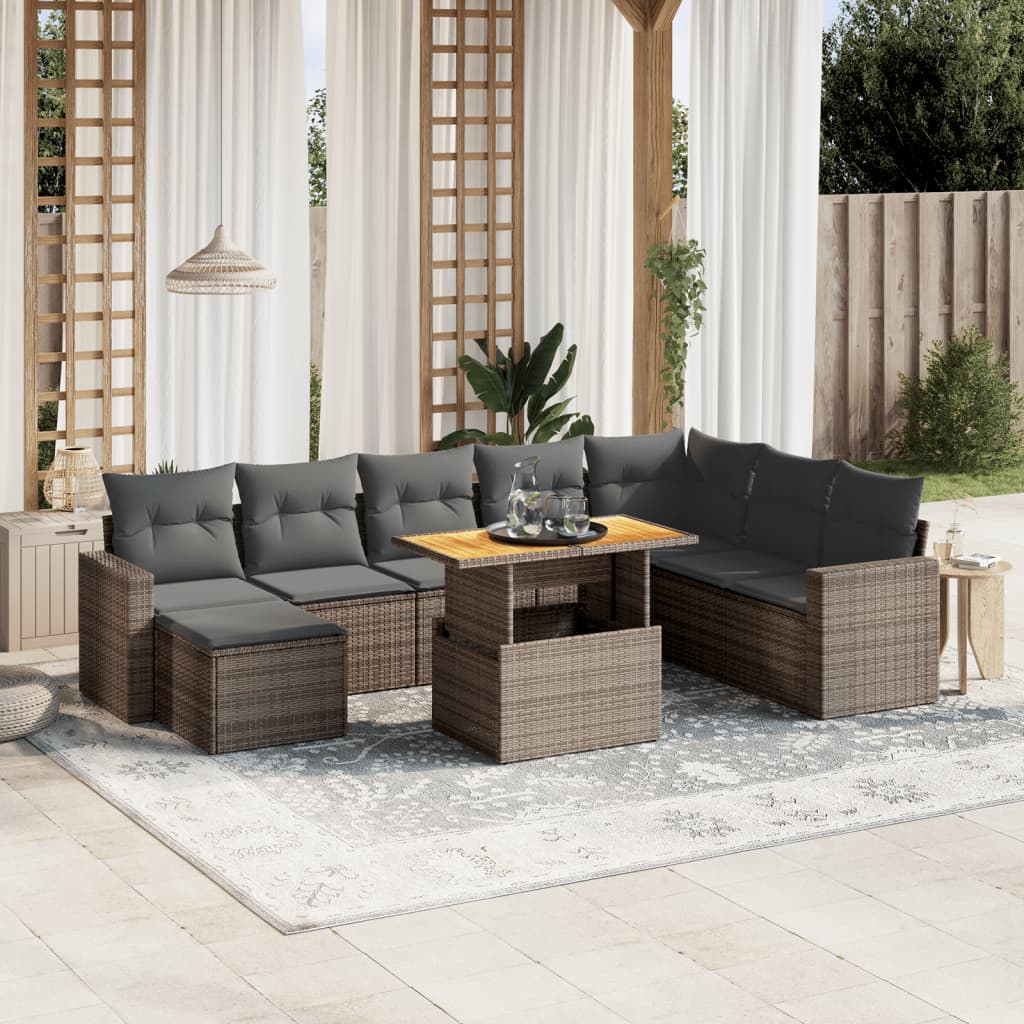 vidaXL 9-tlg. Garten-Sofagarnitur mit Kissen Grau Poly Rattan