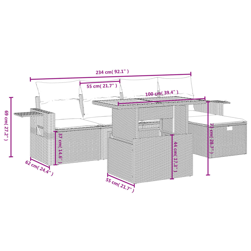 Set mobilier de grădină cu perne, 6 piese, negru, poliratan 3275695 - imagine 4