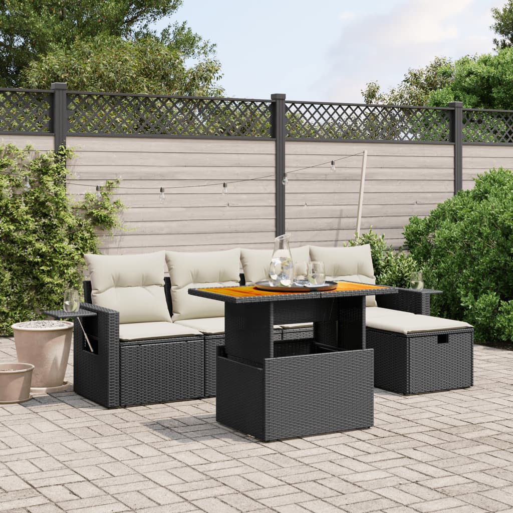 vidaXL 6-tlg. Garten-Sofagarnitur mit Kissen Schwarz Poly Rattan