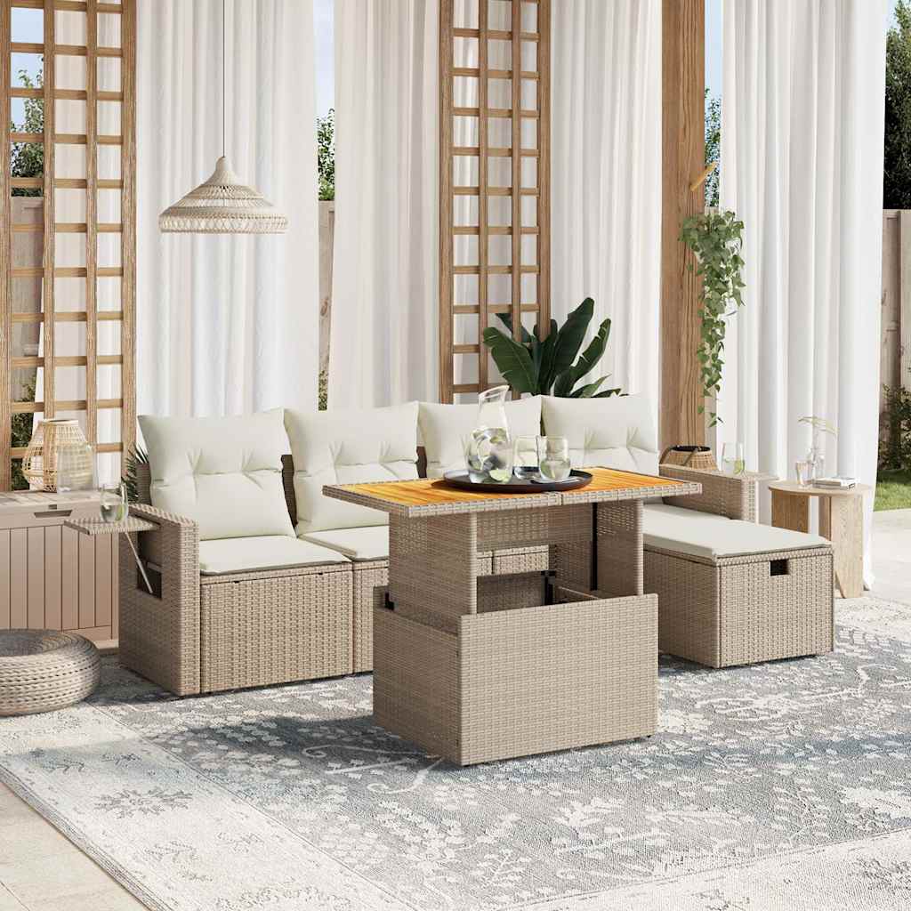 vidaXL 6-tlg. Garten-Sofagarnitur mit Kissen Beige Poly Rattan