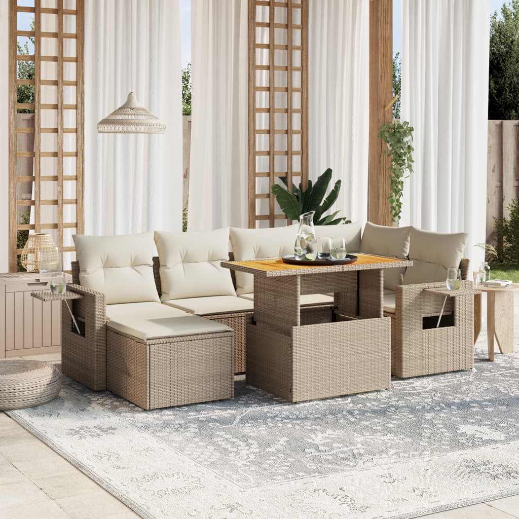 vidaXL 7-tlg. Garten-Sofagarnitur mit Kissen Beige Poly Rattan