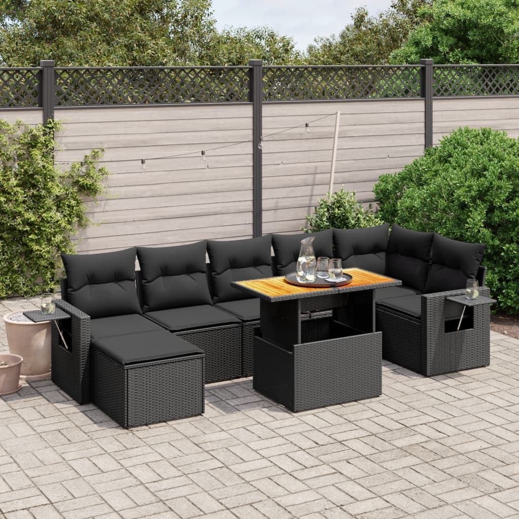 8-tlg. Garten-Sofagarnitur mit Kissen Schwarz Poly Rattan