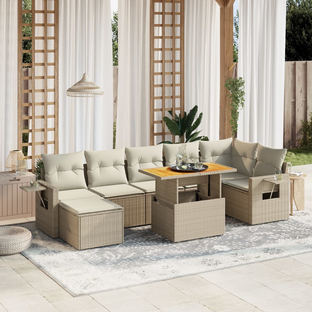 vidaXL 8-tlg. Garten-Sofagarnitur mit Kissen Beige Poly Rattan