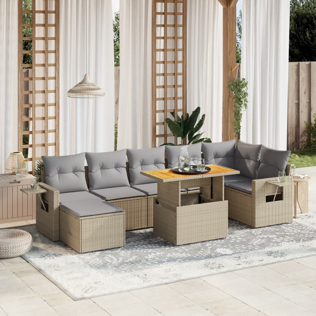 8-tlg. Garten-Sofagarnitur mit Kissen Beige Poly Rattan