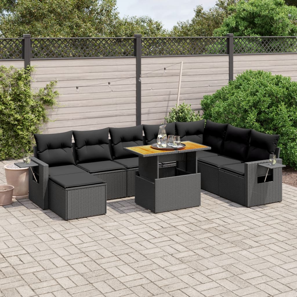 9-tlg. Garten-Sofagarnitur mit Kissen Schwarz Poly Rattan