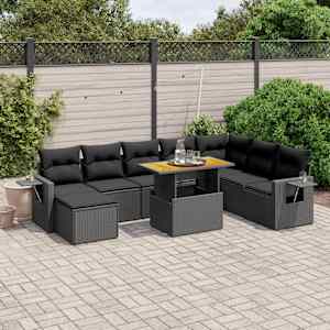 Vrtna sedežna garnitura 9-delna z blazinami črn poli ratan