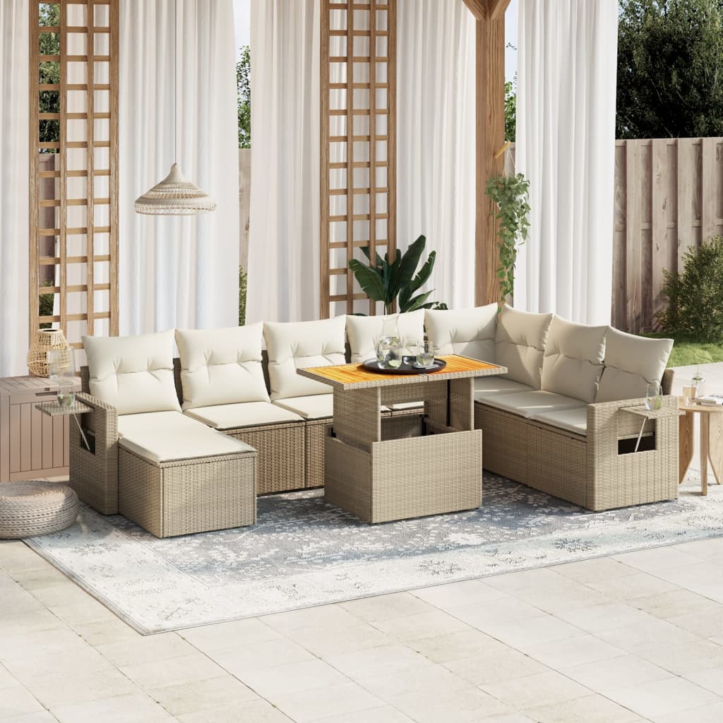 vidaXL 9-tlg. Garten-Sofagarnitur mit Kissen Beige Poly Rattan