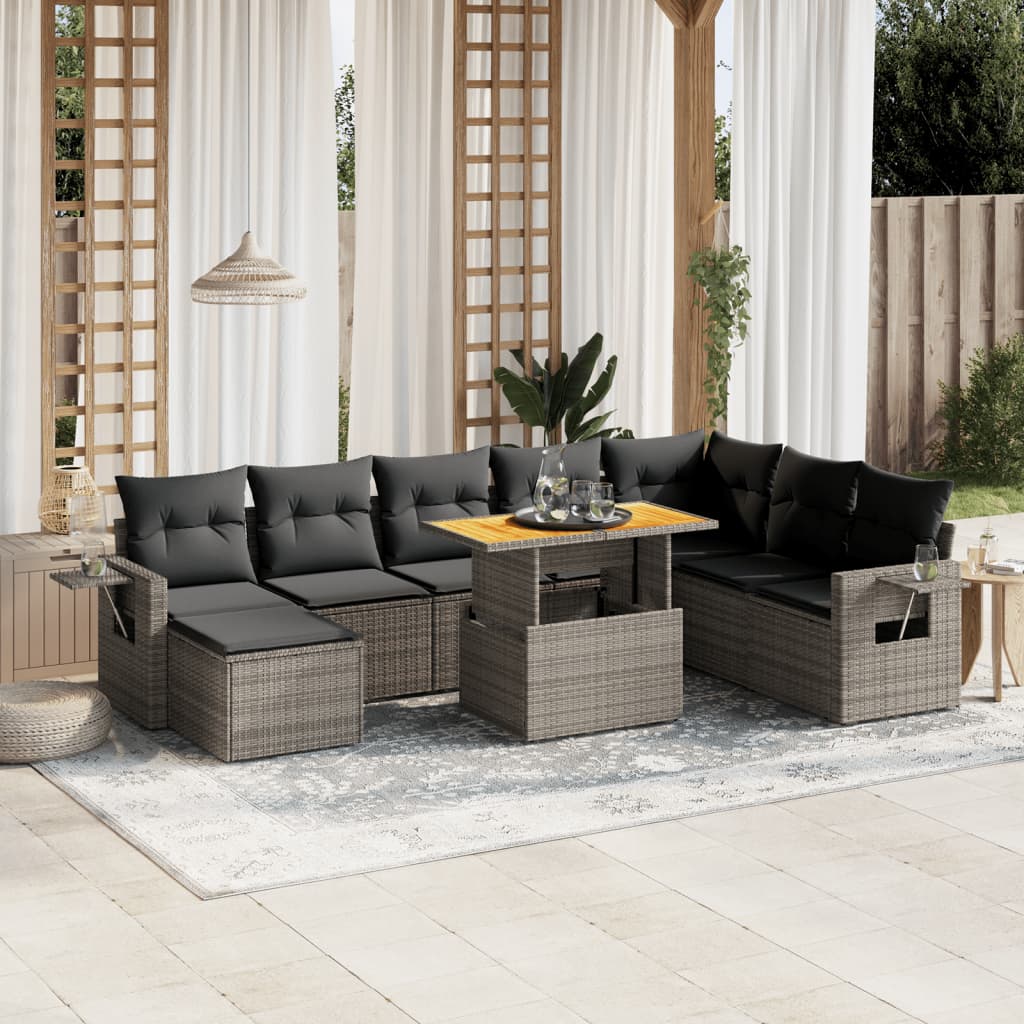 vidaXL 9-tlg. Garten-Sofagarnitur mit Kissen Grau Poly Rattan