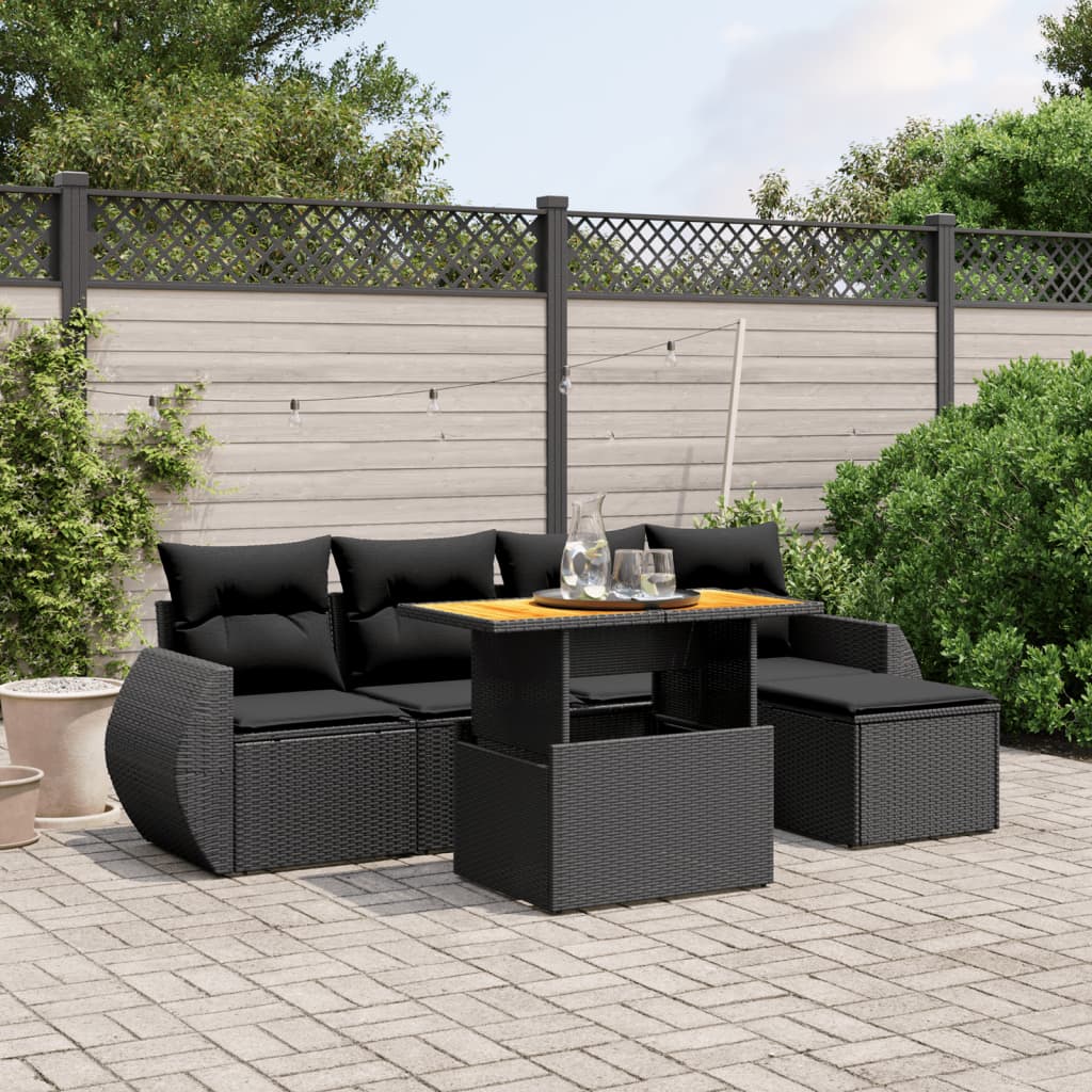 6-tlg. Garten-Sofagarnitur mit Kissen Schwarz Poly Rattan