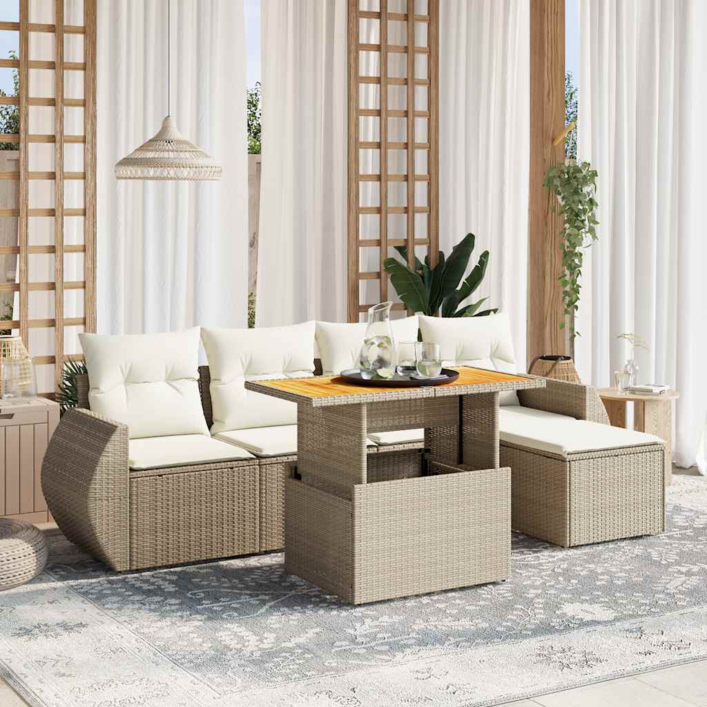 vidaXL 6-tlg. Garten-Sofagarnitur mit Kissen Beige Poly Rattan