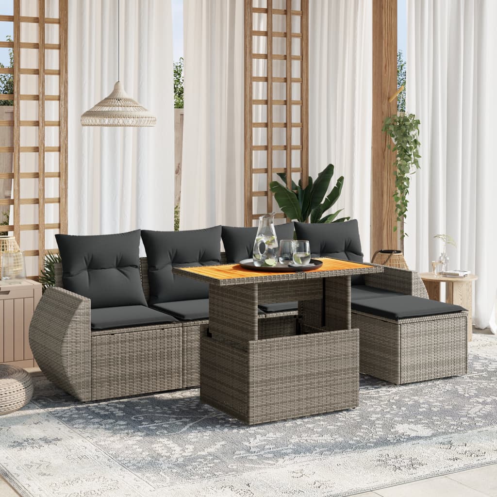 vidaXL 6-tlg. Garten-Sofagarnitur mit Kissen Grau Poly Rattan