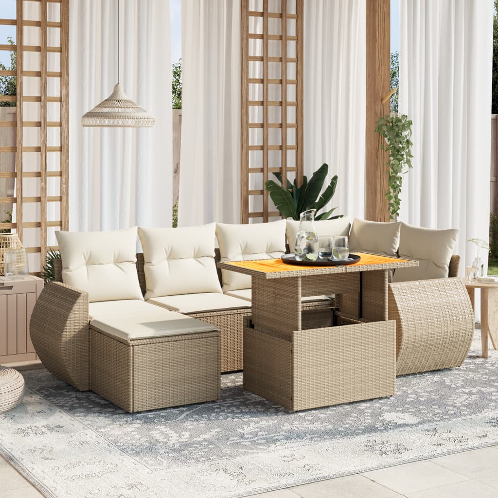 vidaXL 7-tlg. Garten-Sofagarnitur mit Kissen Beige Poly Rattan