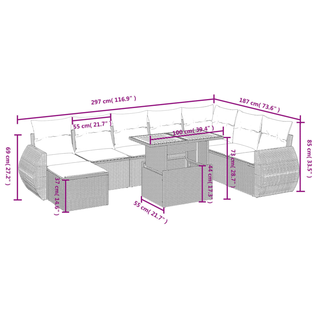 Set canapele de grădină, 9 piese, cu perne, bej, poliratan 3275851 - imagine 4