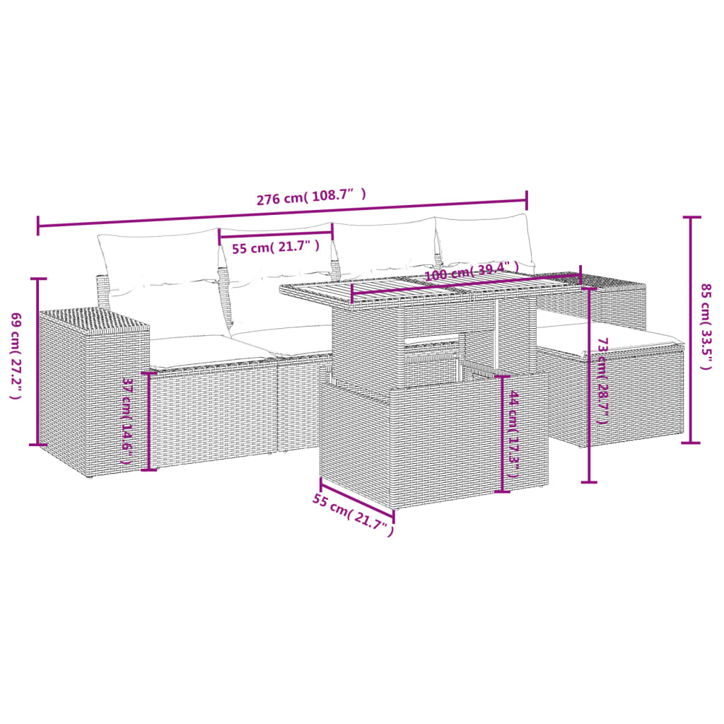 Set mobilier de grădină cu perne, 6 piese, negru, poliratan 3275919 - imagine 4