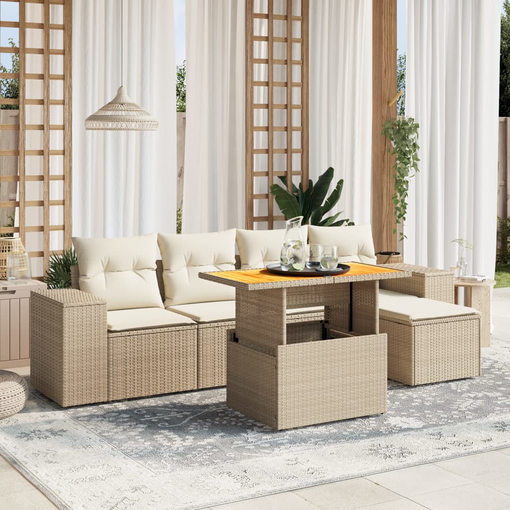 vidaXL 6-tlg. Garten-Sofagarnitur mit Kissen Beige Poly Rattan