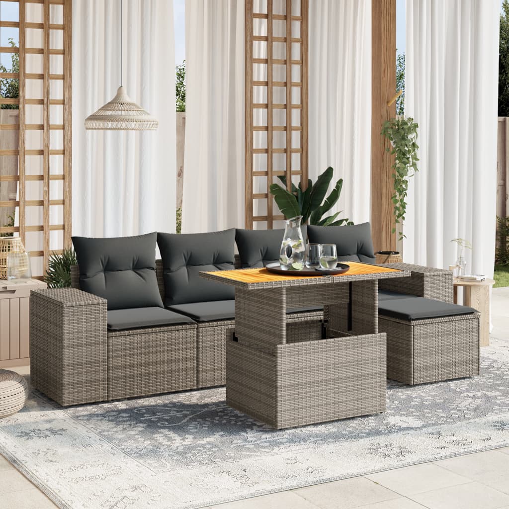 vidaXL 6-tlg. Garten-Sofagarnitur mit Kissen Grau Poly Rattan