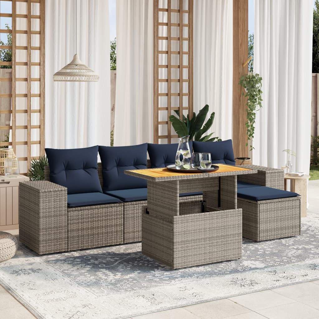 6 Piece Patio Sofa Set with Cushions Gray Poly Rattan