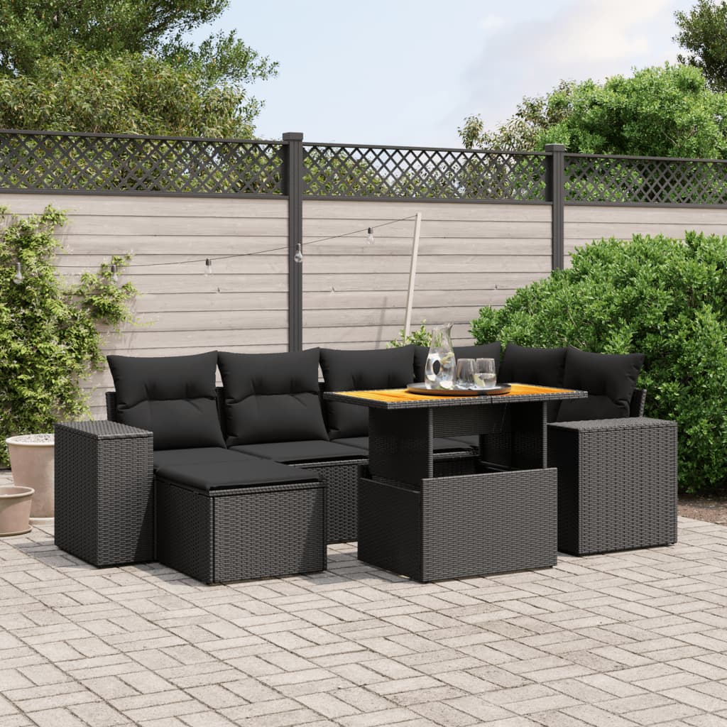 vidaXL 7-tlg. Garten-Sofagarnitur mit Kissen Schwarz Poly Rattan