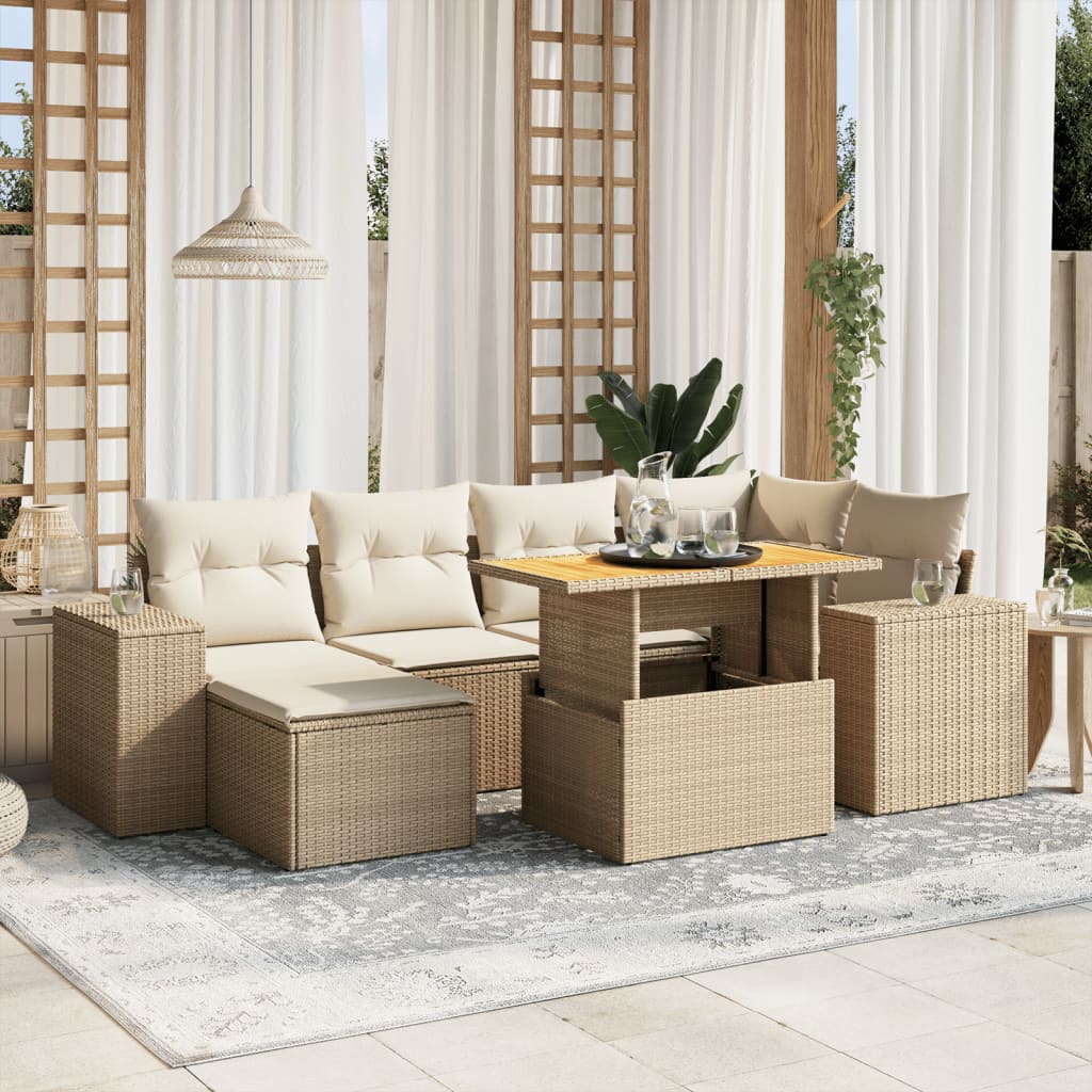 vidaXL 7-tlg. Garten-Sofagarnitur mit Kissen Beige Poly Rattan