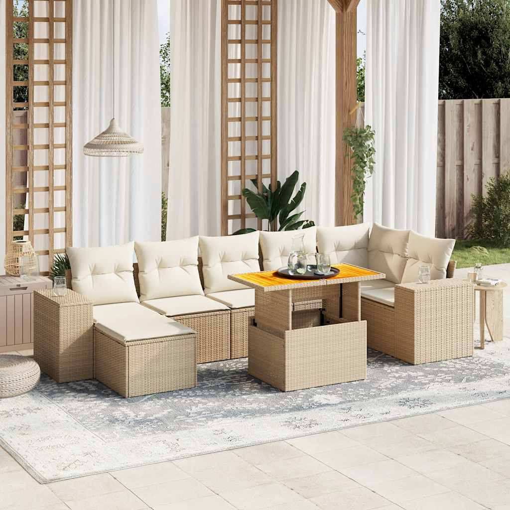 vidaXL 8-tlg. Garten-Sofagarnitur mit Kissen Beige Poly Rattan