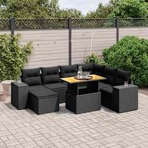 Vrtna sedežna garnitura 8-delna z blazinami črn poli ratan