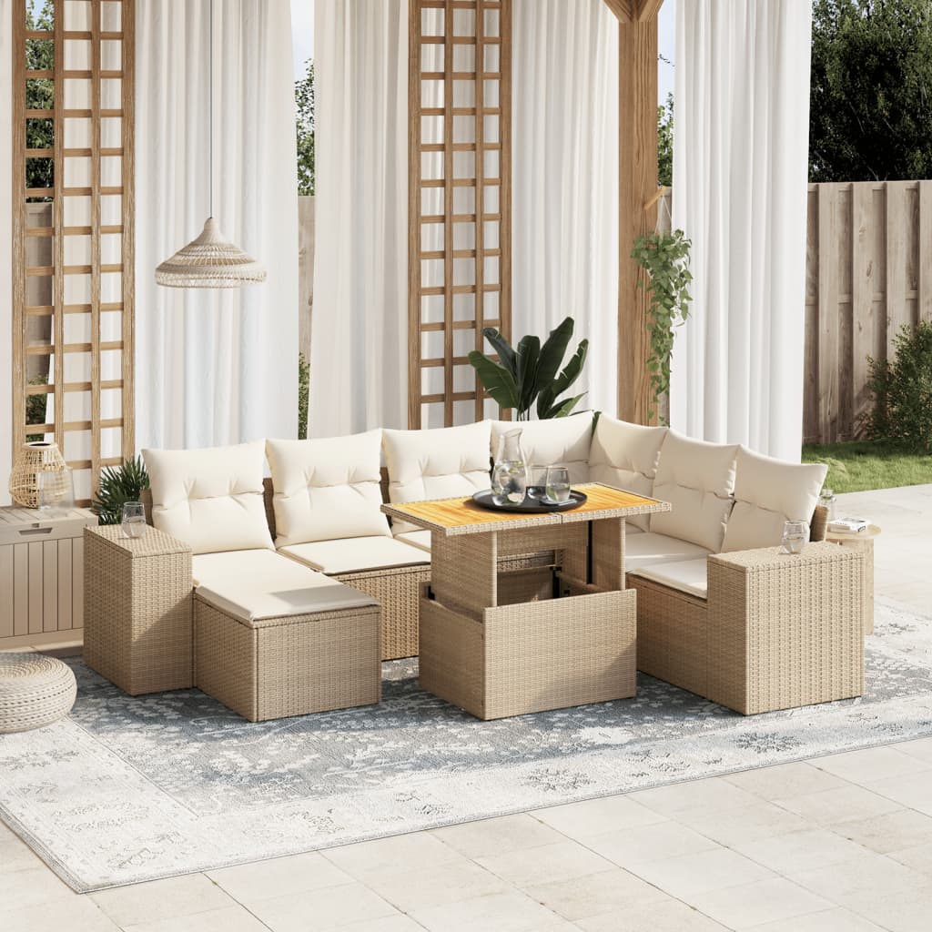 vidaXL 8-tlg. Garten-Sofagarnitur mit Kissen Beige Poly Rattan