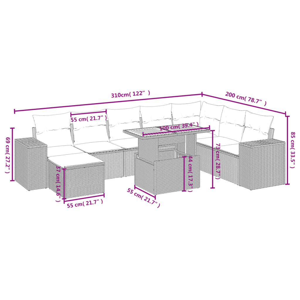 Set mobilier de grădină cu perne, 9 piese, negru, poliratan 3275961 - imagine 4