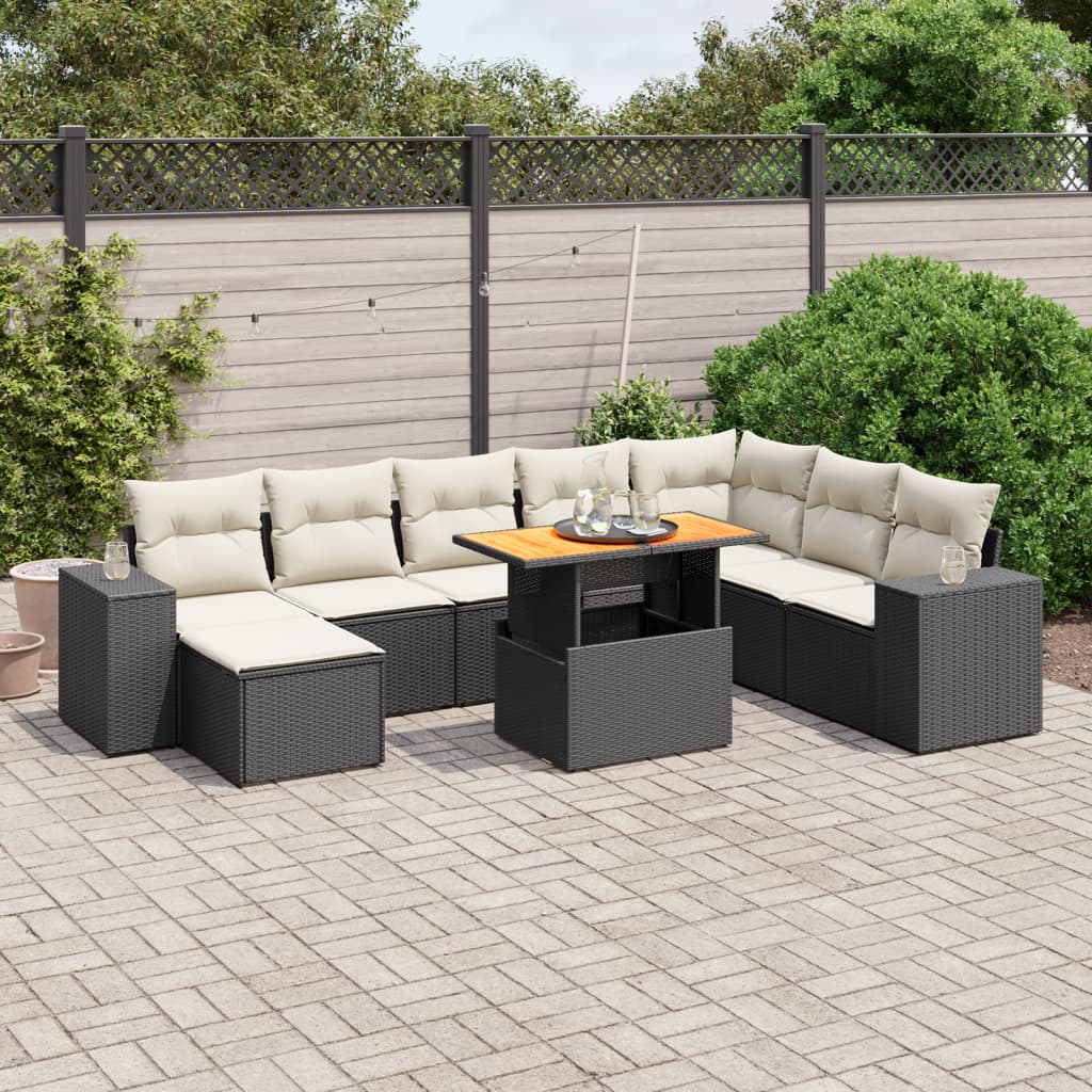 vidaXL 9-tlg. Garten-Sofagarnitur mit Kissen Schwarz Poly Rattan