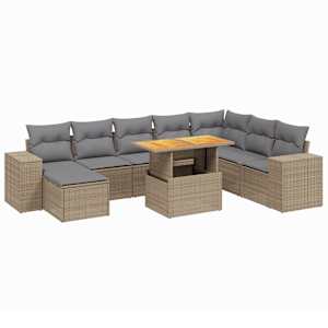 Vrtna garnitura 9-delna z blazinami bež poli ratan - slika 2