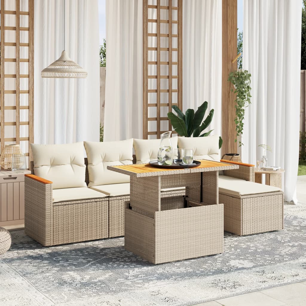 vidaXL 6-tlg. Garten-Sofagarnitur mit Kissen Beige Poly Rattan