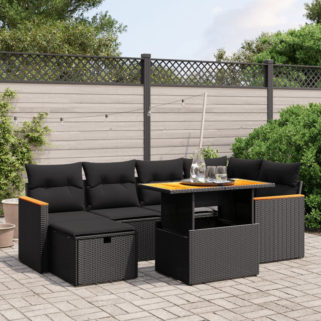 7-tlg. Garten-Sofagarnitur mit Kissen Schwarz Poly Rattan