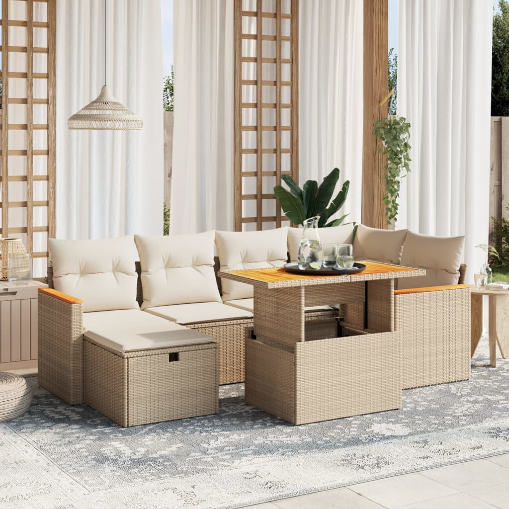 vidaXL 7-tlg. Garten-Sofagarnitur mit Kissen Beige Poly Rattan