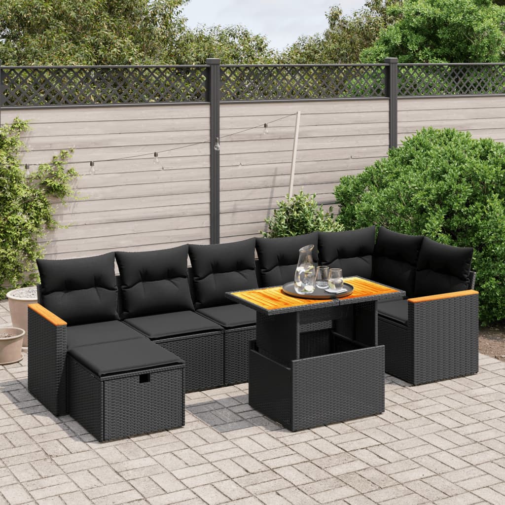 vidaXL Set mobilier de grădină cu perne, 8 piese, negru, poliratan