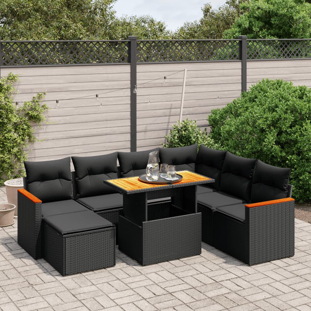 8-tlg. Garten-Sofagarnitur mit Kissen Schwarz Poly Rattan