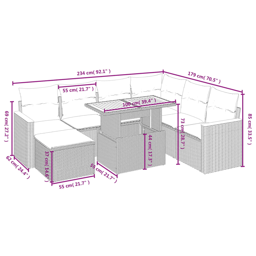 Set mobilier de grădină cu perne, 8 piese, negru, poliratan 3276052 - imagine 4