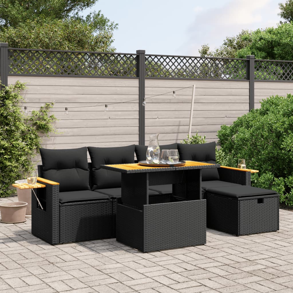 6-tlg. Garten-Sofagarnitur mit Kissen Schwarz Poly Rattan