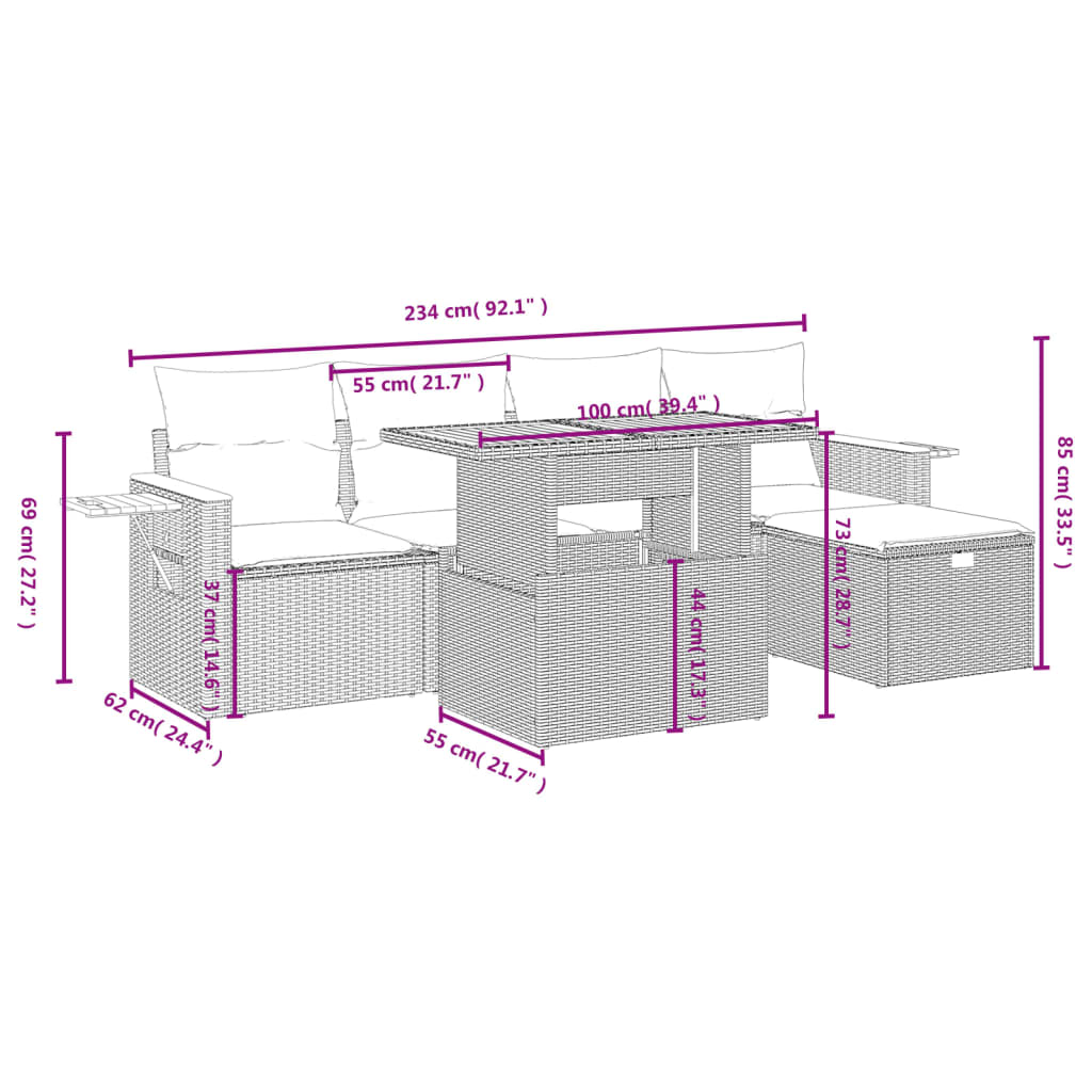 Set mobilier de grădină cu perne, 6 piese, negru, poliratan 3276136 - imagine 4