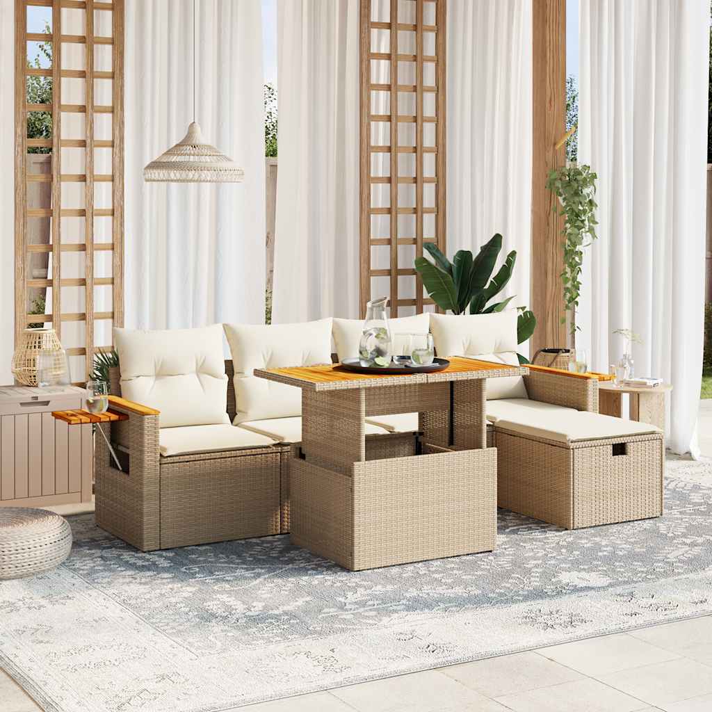 vidaXL 6-tlg. Garten-Sofagarnitur mit Kissen Beige Poly Rattan