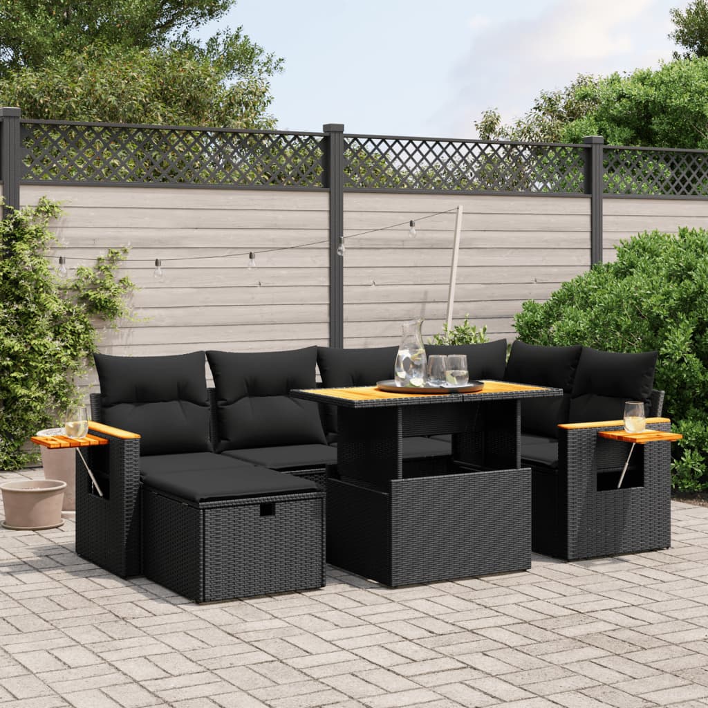 vidaXL 7-tlg. Garten-Sofagarnitur mit Kissen Schwarz Poly Rattan