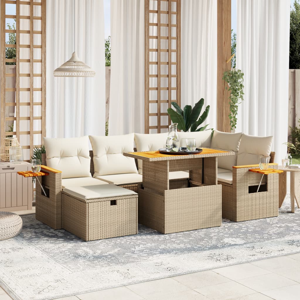 vidaXL 7-tlg. Garten-Sofagarnitur mit Kissen Beige Poly Rattan