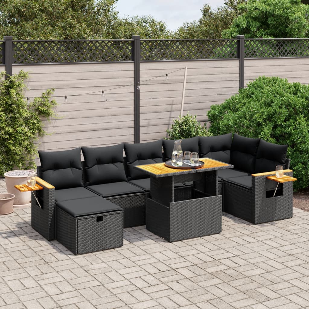 vidaXL Set mobilier de grădină cu perne, 8 piese, negru, poliratan