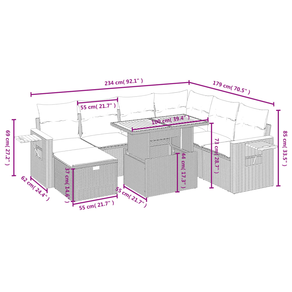 Set mobilier de grădină cu perne, 8 piese, negru, poliratan 3276157 - imagine 4
