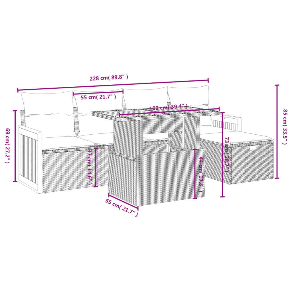 vidaXL 6-delige Loungeset met kussens poly rattan zwart afbeelding