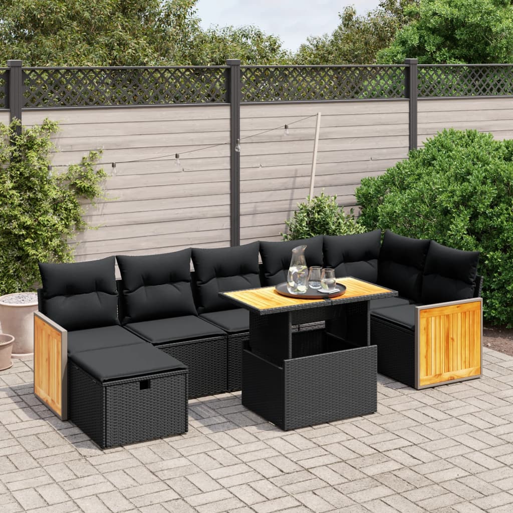 vidaXL Set mobilier de grădină cu perne, 8 piese, negru, poliratan