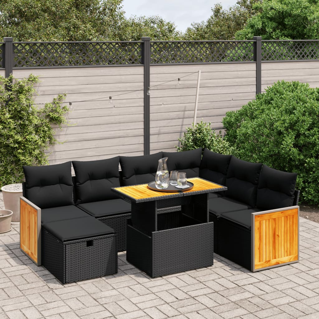 vidaXL 8-tlg. Garten-Sofagarnitur mit Kissen Schwarz Poly Rattan