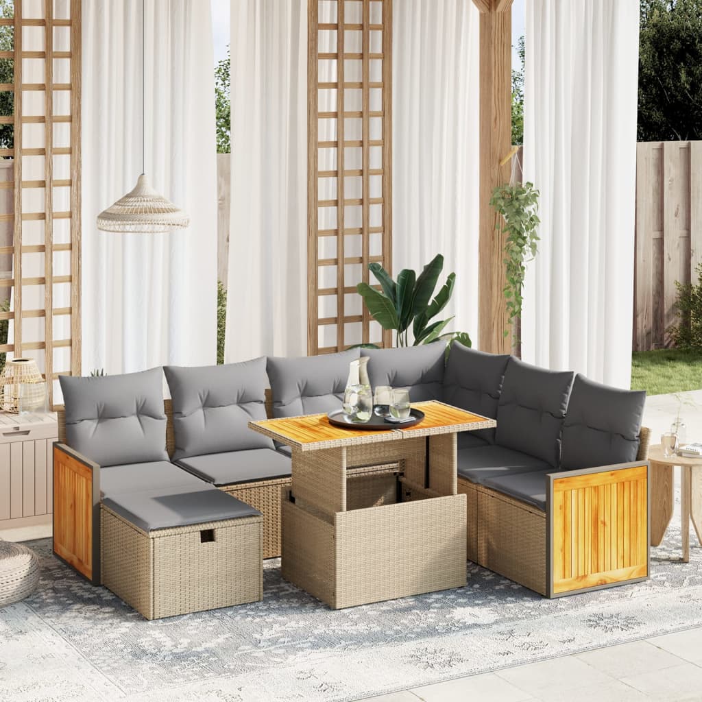 vidaXL 8-tlg. Garten-Sofagarnitur mit Kissen Beige Poly Rattan