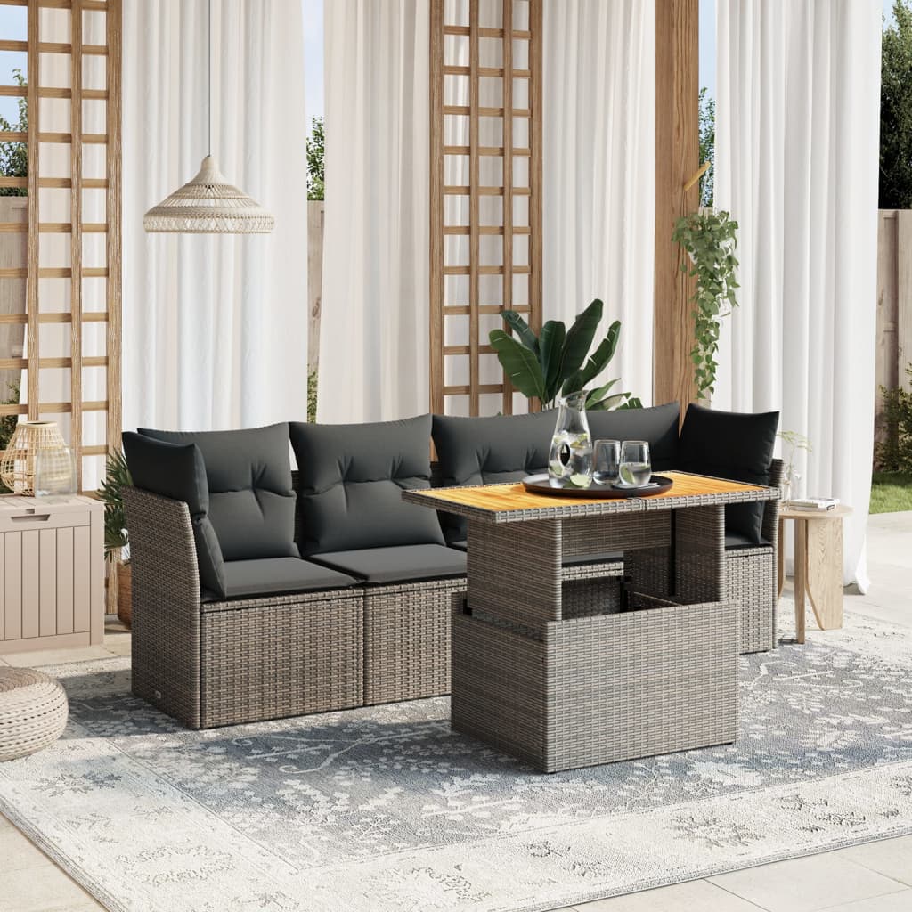 vidaXL 5-tlg. Garten-Sofagarnitur mit Kissen Grau Poly Rattan