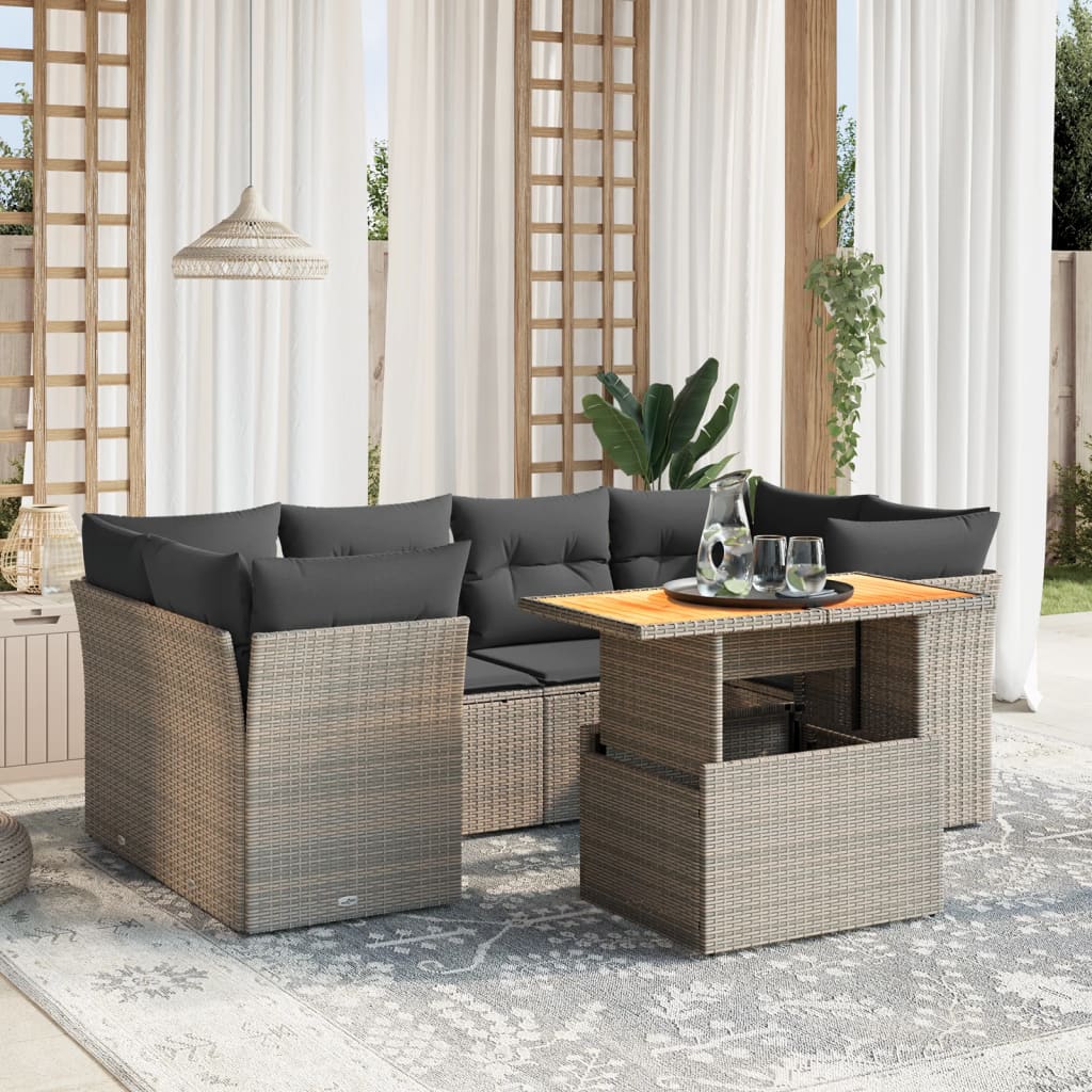 vidaXL 7-tlg. Garten-Sofagarnitur mit Kissen Grau Poly Rattan