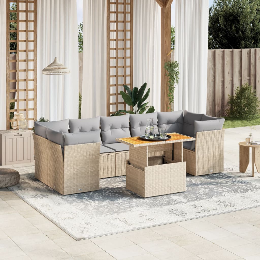 vidaXL 8-tlg. Garten-Sofagarnitur mit Kissen Beige Poly Rattan