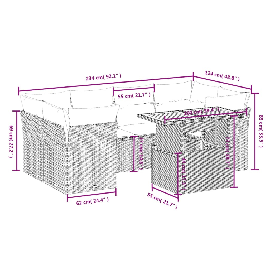 Set mobilier de grădină cu perne, 8 piese, negru, poliratan 3270706 - imagine 3